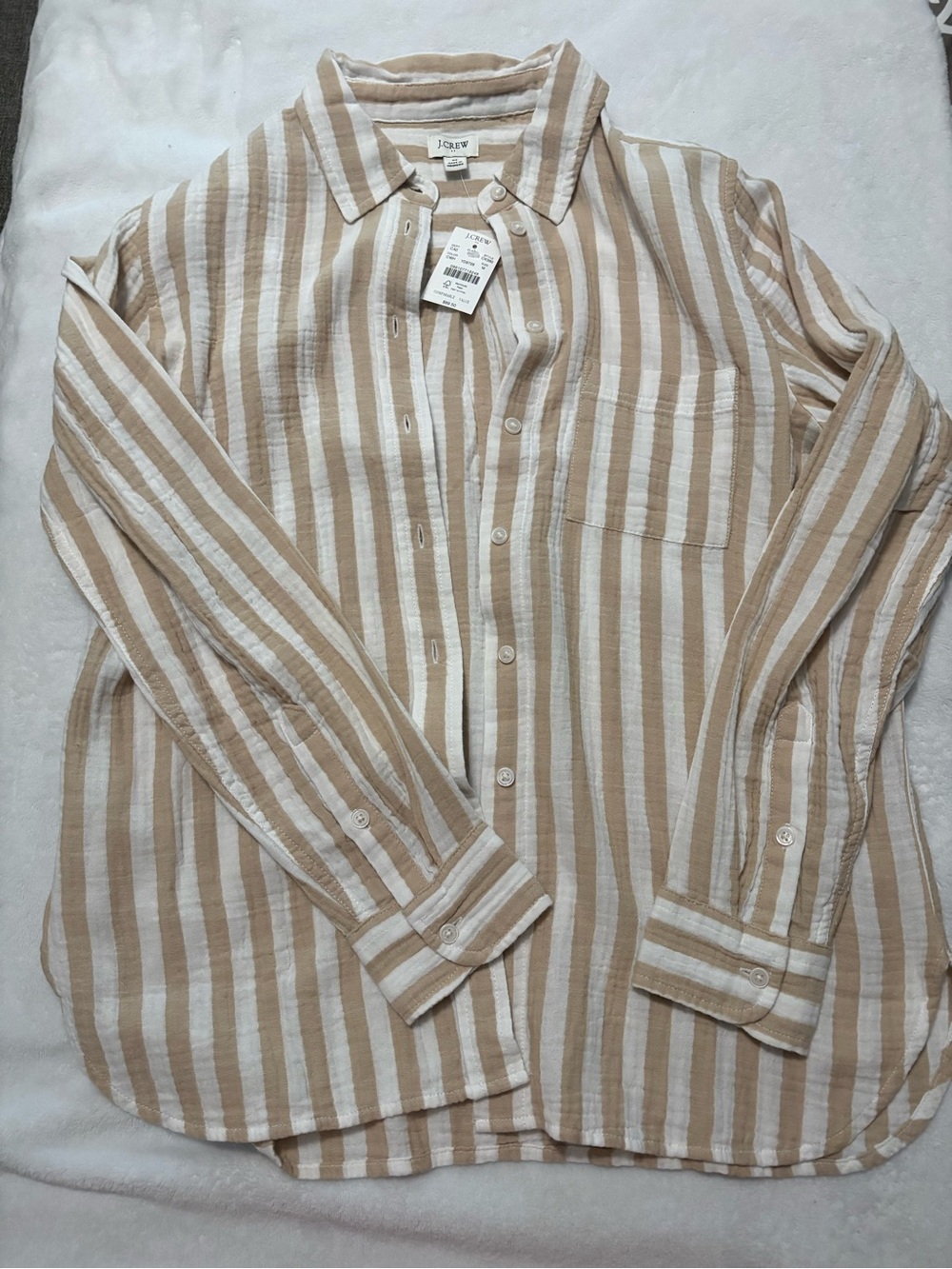 J. Crew Ladies Beige & White Striped Button-Up Shirt